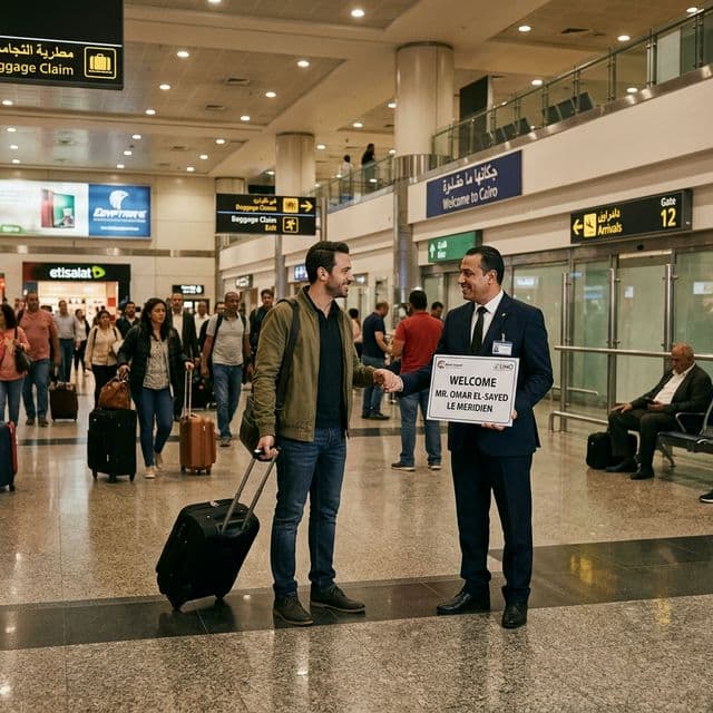 Smartly dressed chauffeur greeting a traveler inside Cairo Airport arrivals hall with a personalized name board