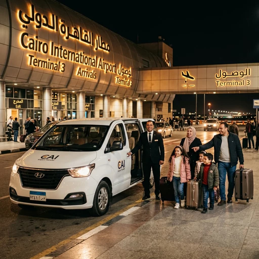 Book a 7-seater family car from Cairo Airport — professional driver meets family at arrivals hall with name board