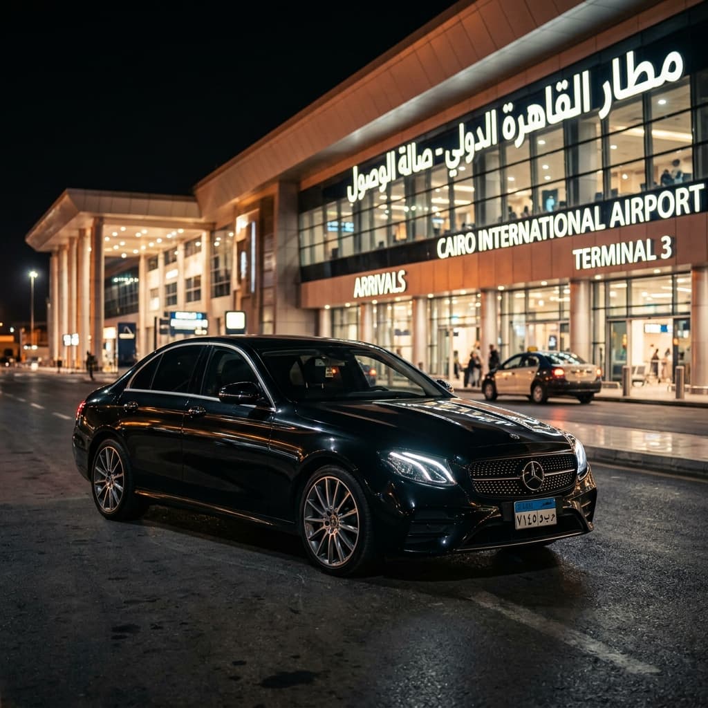A cinematic night view of a sleek Mercedes Benz waiting at the well-lit Cairo International Airport arrivals terminal