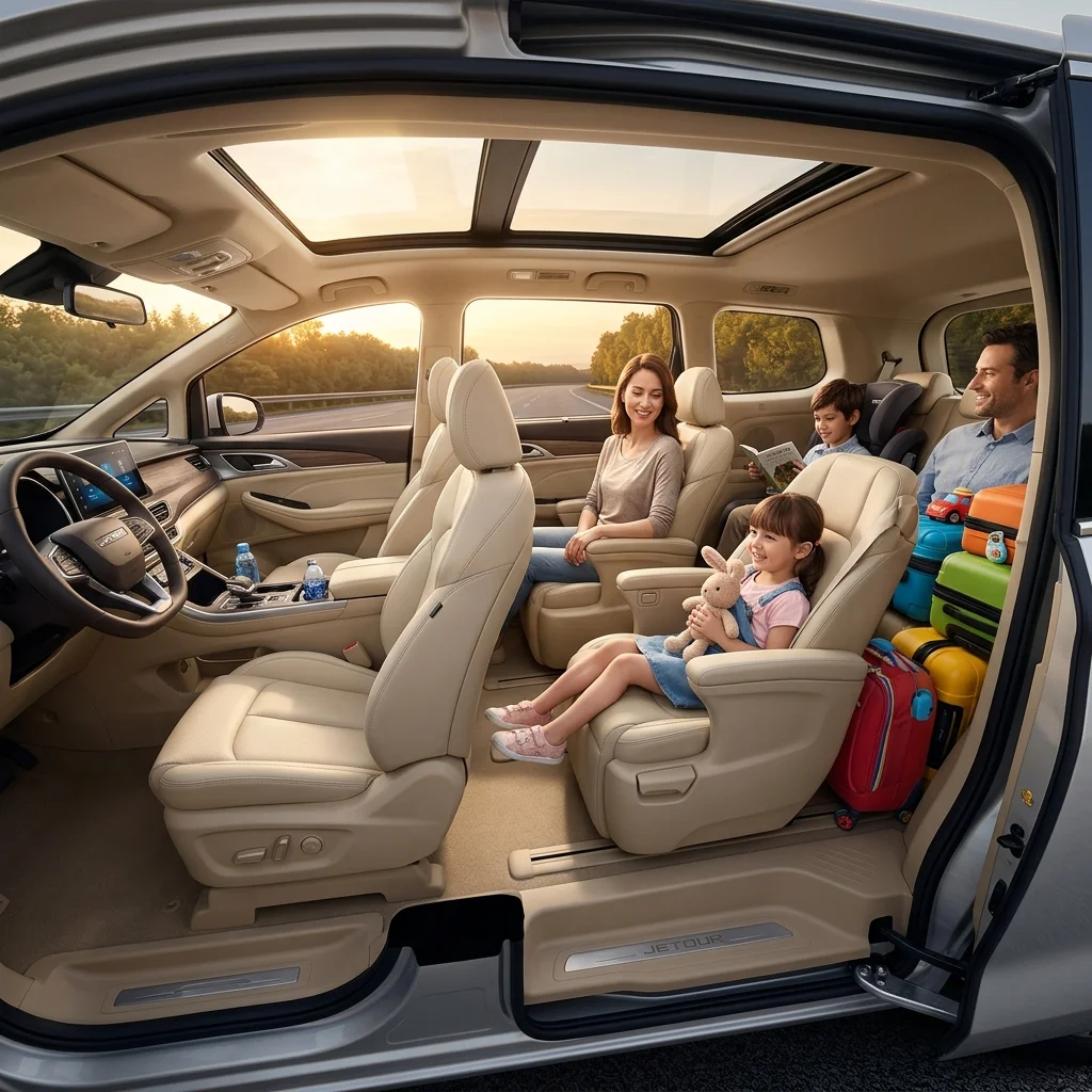 7-seater family car interior at Cairo Airport — spacious minivan with ample luggage storage for large families